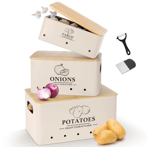 Kitchen Vegetable Storage Set of 3, Metal Onion Garlic Potato Storage Set, Kitchen Canisters Vegetable Keeper Containers with Aerating Holes and Wooden Lid (Beige) - color: Beige