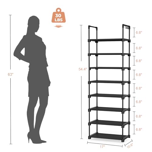 LANTEFUL Tall Shoe Rack 8 Tiers, 16-20 Pairs Shoe and Boots Organizer Storage Sturdy Shoe Shelf, Narrow Vertical Shoe Rack for Entryway, Closet, Metal Shoe Organizer with 5 Hooks - color: Black, size: 8 Tier-54.4" High-17" Wide