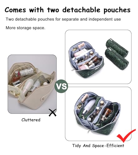 BOYATU Travel Makeup Bags Cosmetic Organizer Bag: 3 Pcs Set Large Capacity Floral Make up Bag with Compartments - Waterproof Leather Toiletry Bags with Handle for Women (18-Green) - color: 18-Green