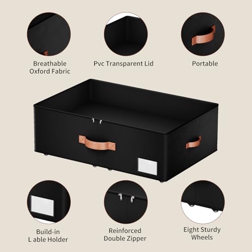 Underbed Storage With Wheels,Large Capacity 10 inches Height Storage Bins,Rolling Underbed Shoe Storage Containers,Underbed Storage Drawers for clothes & blankets (black, 10inch height) - color: black, size: 10inch height