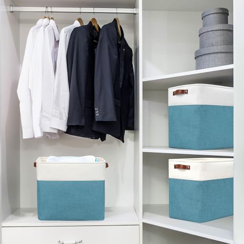 Bagnizer Large Fabric Storage Baskets | 50L Storage Bins, Decorative Linen Closet Baskets with Handles for Organizing, Shelf, Toys, Clothes, Home, Office, Nursery, 17x12x15Inches (Teal&White) - color: Teal / Off-White, size: Extra Large -17"x12"x15"