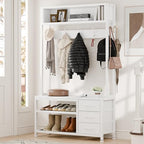 Lulive Hall Tree with Bench and Shoe Storage, 31.5" Coat Rack Freestanding with 2-Tier Storage Shelf, 5-in-1 Entryway Bench Coat Rack with 12 Hooks and 3 Drawers(White) - color: White