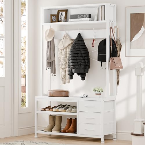 Lulive Hall Tree with Bench and Shoe Storage, 31.5" Coat Rack Freestanding with 2-Tier Storage Shelf, 5-in-1 Entryway Bench Coat Rack with 12 Hooks and 3 Drawers(White) - color: White