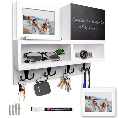 Spacelog Key and Mail Holder for Wall with Chalkboard – Magnetic Picture Frame Key Holder Wall Mount, White, Dual Storage & Cupboards - color: White