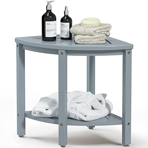 Bamfan Bamboo Corner Shower Bench Waterproof Stool with Space-Efficient Storage Shelf - Shower Stool Seat for Indoor or Outdoor Use(Bluish Grey) - color: Grey
