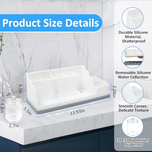 Bathroom Counter Organizer, Large White Silicone Toothbrush Holders for Bathrooms Organizer Countertop with 3PCS Qtip Holder, Toothbrush and Toothpaste Holder for Bathroom Organization Storage Vanity - color: White Grey With 3pcs Clear Dispenser