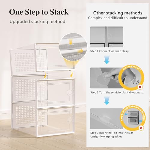 Kuject X-Large Shoe Storage Boxes Organizers Clear Plastic Stackable 12 Pack, Shoe Rack & Holder Substitute, Sneaker Containers, Toy Storage Organizer Bins for Entryway, Closet, Under Bed, White - color: White, size: X-Large