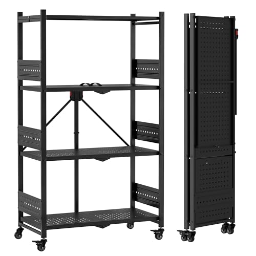 WORKPRO 4-Tier Folding Shelf, No-Assembly Metal Storage Rack with Wheels, 600 lbs Capacity (with Leveling Feet), Collapsible Shelving Unit for Kitchen, Pantry, Bathroom & Closet Organization - size: 4-Tier