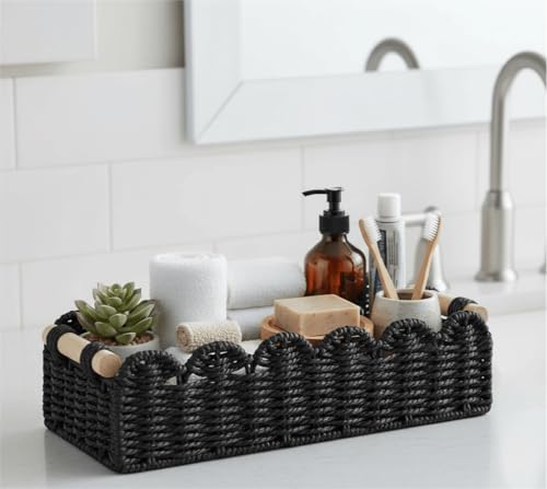 CubesLand Toilet Paper Storage Basket Scalloped Edge Home Decor Basket, Living Room Cozy Decor, Paper Rope Small Baskets for Over Toilet Storage Shelf, End Table, Shelves, with 2 Wooden Handles, Black - color: Black, size: M - 14"L x 6.3"W x 3.9"H