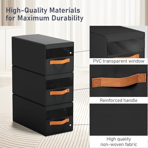 DIMJ Closet Organizers and Storage - Fabric Bins with Drawers for Closet Foldable Clothes Organizers with Clear Window, Stackable Storage Drawers Units for Hat, 4-Pack, Black - color: Black, size: ML - 4 Pack