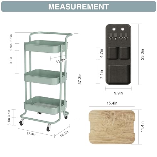 DTK 3 Tier Metal Utility Rolling Cart with Table Top and Side Bags, Metal Tray Storage Organizer Cart with Wheels, Art Craft Cart with 4 Hooks for Kitchen Bathroom Office Living Room (Green) - color: Green, size: Large