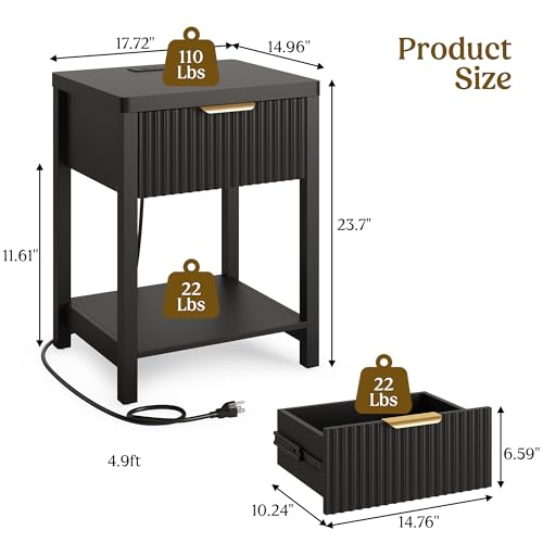 Lulive Night Stand Set 2, Fluted Nightstand with Charging Station, Wood Modern Bedside End Table with Storage Drawer for Bedroom, Save Space (Set of 2, Black) - color: Black, size: 1 Drawer-Set of 2 Nightstand