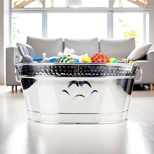 BREKX Metal Indestructible Dog Toy Bin - Steel Dog Toy Basket with Handles, Pet Storage Box, Oval for Blankets, Leashes, & Ropes for Aggressive Chewers - Pawprint Design Home Decor (Silver) - color: Silver