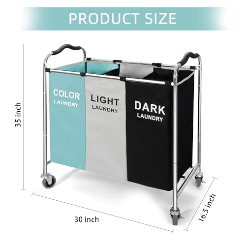 Laundry Basket, Large Laundry Hamper with Wheels, 3 Section Laundry Bag Organizer for Dirty Clothes; Dorm Room Essentials, Towel & Toys Storage Laundry Cart in Laundry Room Organization (Green) - color: Green