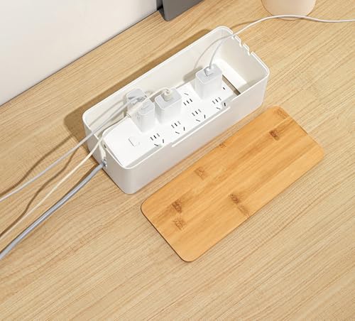 ABS Cord Organizer Box with Wooden Lid, Cable Management Box for Power Strips or Surge Protectors, Desk Cable Tidy Box for Office Home(White) - color: White