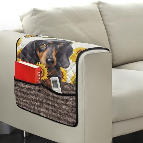 Dachshund Sunflower Butterfly Print Sofa Arm Slipcover Recliner Arm Covers with Organizer Pockets 44x20 inch Chair arm Cover Anti-Slip Furniture Protectors - color: Dachshund Sunflower Butterfly
