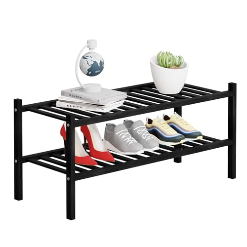 2 Tier Bamboo Shoe Rack Storage Organizer for Closet, Multifunctional Stackable Free Standing Shoe Shelf Organizer for Small Space,Entryway,Hallway,Bathroom 27"x11"x13" (Black, 2 Tier) - color: Black, size: 2 Tier