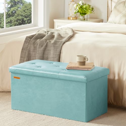 HAUSFRAU - Storage Ottoman Bench, 30 Inches Button Tufted Upholstered Ottoman Footstool with Storage for Living Room Bedroom Entryway, Load 660 lb, Synthetic Leather, Light Blue - color: Light Blue, size: 15"D x 30"W x 15"H