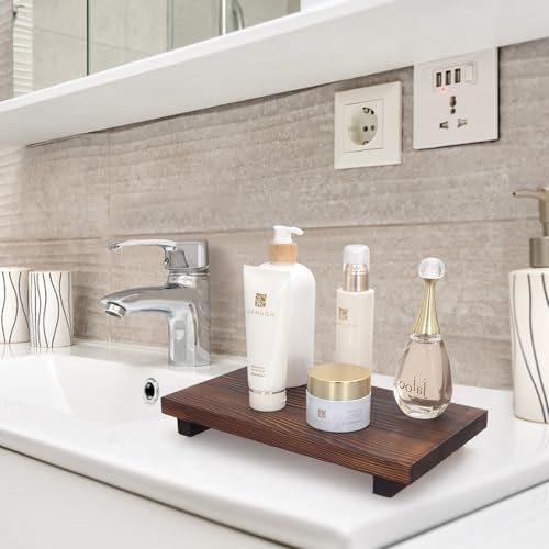 Farmhouse Wooden Bathroom Tray Small Kitchen Countertop Trays Decorative Wood Riser Pedestal Stand Dish Soap Dispenser Holder for Kitchen Counter Bathroom Sink Organizer Accessories Decor Vanity Tray - color: Brown, size: 10" x 6" x 1.6"
