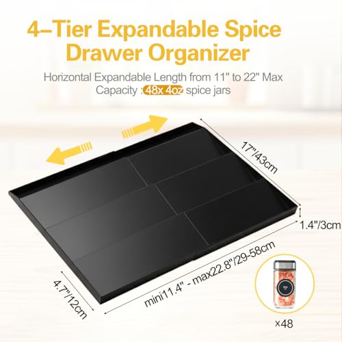 GOENDR Metal Spice Drawer Organizer, 4-Tier Spice Rack for Drawer, Expandable Seasoning Organizer Fits 11.4-22.8” Wide Drawer, Holds up to 48 Spice Jars (Not Included), Black - color: Black