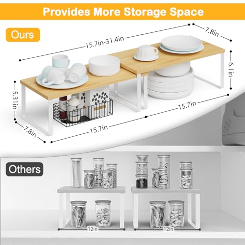OGEMXU Cabinet Shelf Organizers, 15.7 inches Large Kitchen Counter Shelf, Set of 4 Wood Kitchen Pantry Organizer, Storage Shelves for Countertop, Spice Rack, Stackable, Expandable, Metal White, Nature - color: White and Natural Beige, size: 4pcs 7.8" D x