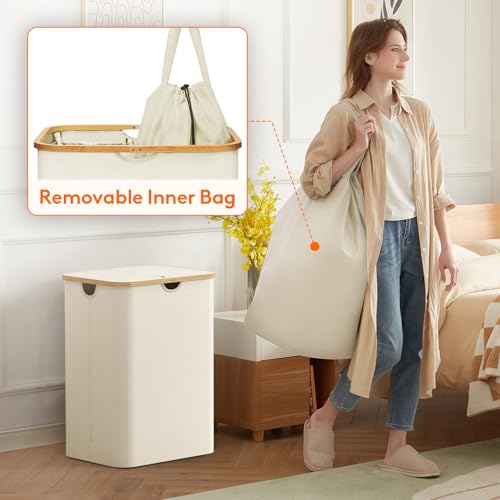 Lifewit 150L Laundry Basket with Lid, Clothes Hampers for Laundry with Bamboo Handles and 2 Removable Bag, Large Foldable Laundry Hamper for Bedroom, Bathroom, Dorm, Laundry Room, White - color: White, size: 150L