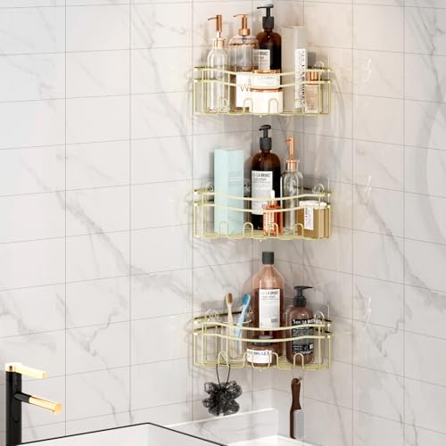 Gold corner shower caddies with depth caddy and Built in 12 hooks rustproof wall mounted No drilling No marring adhesive bathtub corner organizer for bathroom kitchen and laudry room - color: GOLD