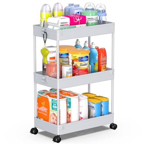 SPACEKEEPER Rolling Storage Cart 3 Tier Bathroom Cart Organizers with Wheels Laundry Room Organization Mobile Shelving Unit Utility Cart Storage Shelves Multi-Functional for Office, Home, Gray - color: Grey, size: 3 Tier