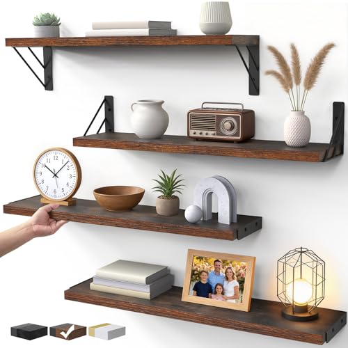 BAYKA Wall Shelves for Bedroom Decor, Floating Shelves for Wall, Display Mounted Rustic Wood Shelf for Books,Plants,Corner Shelves for Bathroom,Kitchen,Living Room(Rustic Brown，23in，Set of 4) - color: C. Rustic Brown Board & Black Brackets, size: 23-inch