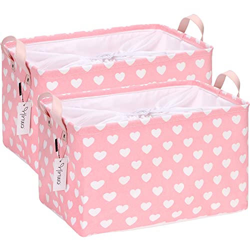 Hinwo 2-Pack Large Canvas Fabric Storage Basket with Handles, 33L/8.6-Gal Rectangle Bin, Collapsible Storage Box, Clothes, Toys, Blankets Organizer, 16.5 x 12 x 10 Inches (L, Pink Heart) - color: Pink Heart, size: L/16.5 x 12 x 10"/2-Pack