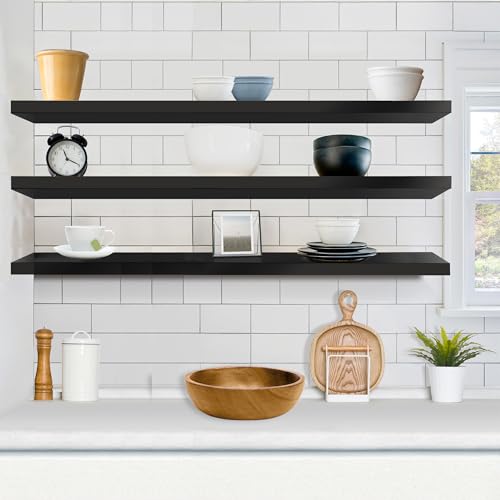 Sorbus Floating Shelves for Wall - 55 Inch Extra-Long Bathroom Shelves, Wall Decor for Bedroom, Kitchen, Living Room, Book Storage - Mounted Floating Shelf with Hidden Brackets (Black, 3 Pack) - color: Black, size: 55 Inch, style: 3 Pack
