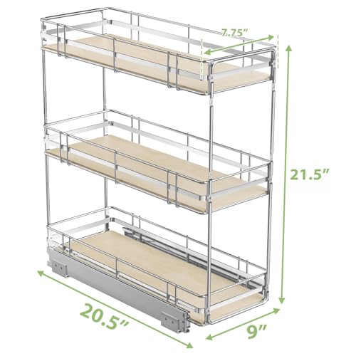 ROOMTEC 3-Tier Pull Out Cabinet Organizer Spice Rack for Narrow Cabinet 9" W x 20½" D, Slide Out Wood Shelves Storage for Kitchen - size: 9" W x 20½" D, 3 Tier, Wood Shelves