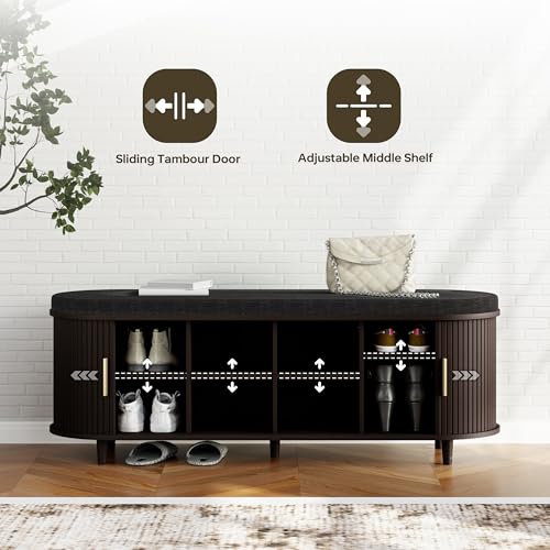 DHH 2-Tier Storage Bench,Wide Shoe Bench with Thickened Padded Seat Cushion, Mid Century Modern Fluted Sliding Door and Adjustable Shelf, for Entryway, Living Room, Bedroom (Dark Walnut, 51.2”) - color: Dark Walnut, size: 51.2 inch