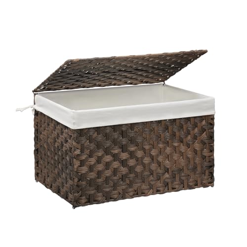 Wicker Storage Basket with Lid, 17.2 Gallon (65L) Small Blanket Basket with Lid, Woven Storage Bin with Handles, Removable Liner, Metal Frame, Foldable, for Bedroom, Laundry Room, Brown - color: Brown, size: 65L:13.4 x 21.9 x 13.4 Inches