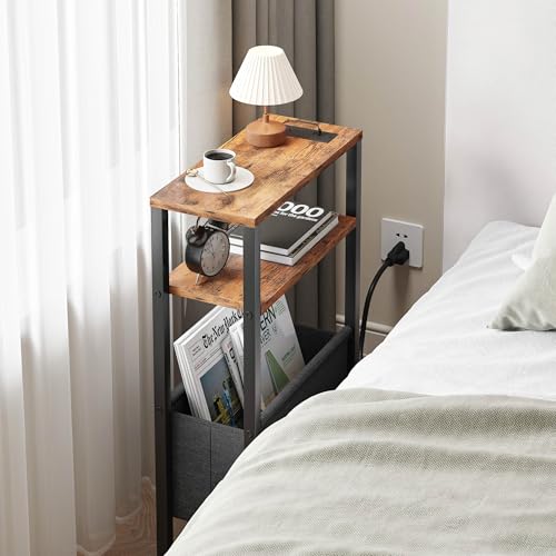 Narrow Side Table with Charging Station Slim End Table Sofa with Magazine Rack, Bedside Table for Small Spaces, 3 Tier Nightstand for Living Room Couch, Bedroom Rustic Brown LET503RE - color: Rustic Brown