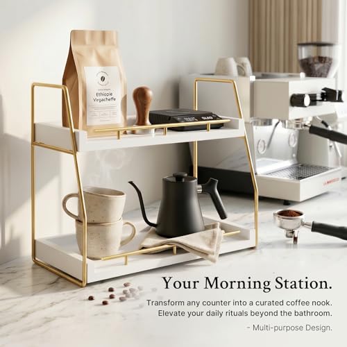 Mustry Bathroom Countertop Organizer, 2-Tier Makeup Organizer for Vanity, Wooden Shelf with Gold Metal Frame for Skincare, Perfume & Decor (White&Gold)