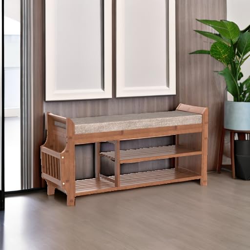 PETKABOO Shoe Bench with Hidden Drawer and Side Holder, 2 Tier Entryway Bench with Storage 39.4 in, Bamboo Shoe Rack with Cushion for Entryway Hallway Living Room Bedroom - size: 39.4 in