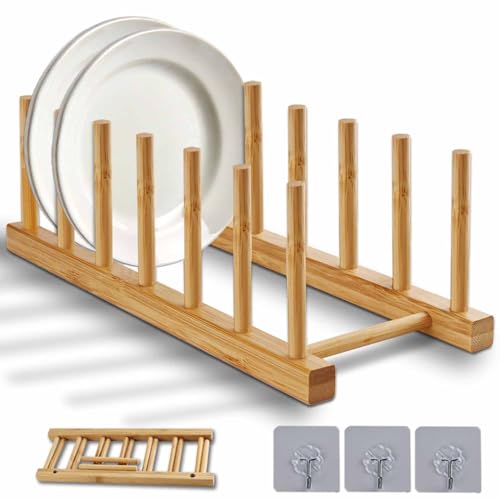 Bamboo Dish Rack, Stylish Vertical Wooden Plate Holder & Drainer, Multi-Purpose Kitchen Cabinet Organizer for Dishes, Pots, Lids, Bowls, Cups & Cutting Boards