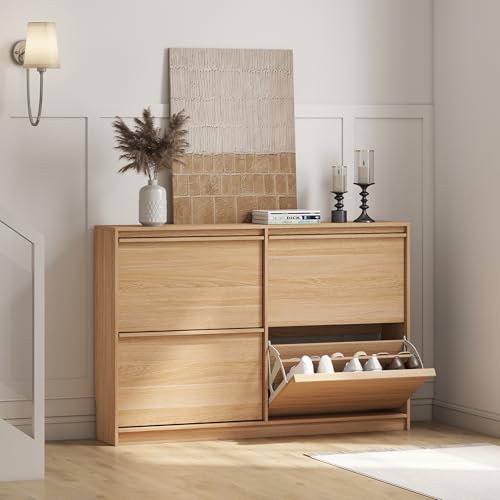 Shoe Storage Cabinet for Entryway with 4 Flip Drawers, Wooden Shoe Organizer Cabinet with Adjustable Shelf, Slim Freestanding Shoe Rack for Entryway, Hallway, Living Room, Natural Oak - color: Natural Oak