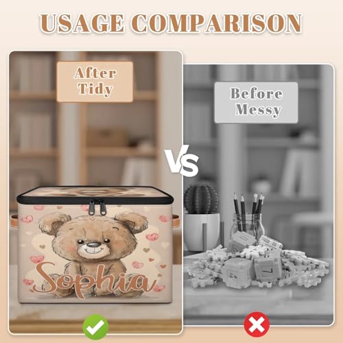Custom Storage Basket with Name, Personalized Storage Bins with Zipper Lid, Foldable Fabric Storage Box Large capacity with Handle Love Bear - color: Option 25