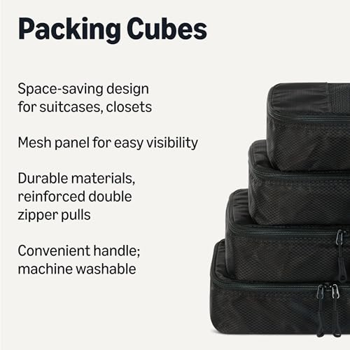 Amazon Essentials 4-Piece Space-Saving Packing Cubes Travel Accessories Set, Luggage Organizer with Double Zipper, Mesh Top, Small, Black (Previously Amazon Basics) - color: Black, size: 4 x Small