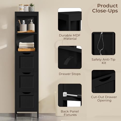 Yaheetech 56”H Bathroom Storage Cabinet, Narrow Freestanding Floor Cabinet with 3 Drawers & 2 Shelves, Tall Slim Bathroom Organization for Living Room/Hallway/Small Space,Black - color: Black, size: 56"H