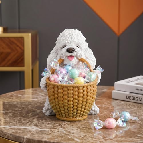 Vanity Jewelry Tray & Ring Holder Dish for Bedroom Dresser Featuring White Poodle Carrying Basket - Dog Figurine Catchall Bowl for Hair Ties & Lipsticks - Elegant French Room Decor - color: Poodle Carrying Basket - White, size: Poodle