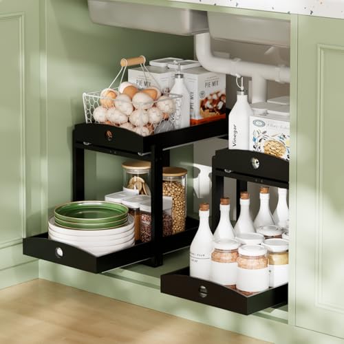 Bamboo Wood Under Sink Organizer 1 Pack, Pull Out Cabinet Organizer 2 Tier Under Sink Organizers and Storage with Sliding Drawer Sturdy Easy Assembly for Kitchen Bathroom Undersink (Black, 2 Packs) - color: Black