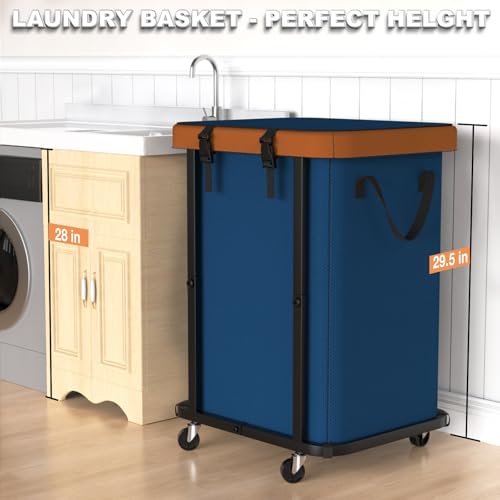 150L (40 Gal) Large Fashion Laundry Basket with Wheels, Leather Patchwork Rolling Hamper Carts, Sturdy Metal Frame, Removable Washable Bag, Tall Clothes Sorter for Bedroom, Laundry Room - Navy Blue - color: Navy Blue, size: 1 Section-150L
