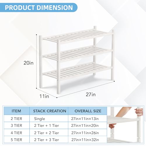 3 Tier Bamboo Shoe Rack Storage Organizer for Closet, Multifunctional Stackable Free Standing Shoe Shelf Organizer for Small Space,Entryway, Hallway, Bathroom27 x11 x20 (White, 3 Tier) - color: White, size: 3 Tier
