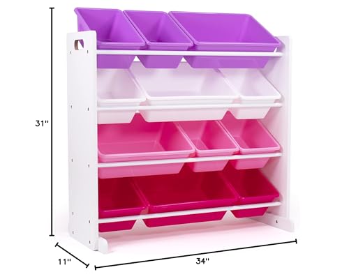 Humble Crew Toy Storage Organizer with 12 Removable Storage Bins for Kids Playroom, 4-Tier Toddler Toy Organization, White/Purple/Pink - color: White/Purple/Pink