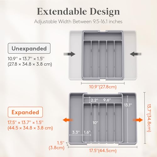 Lifewit Silverware Drawer Organizer, Expandable Utensil Tray for Kitchen, BPA Free Flatware and Cutlery Holder, Adjustable Plastic Storage for Spoons Forks Knives, 10.9"-17.5" x 13.7", Gray - color: Gray, size: Large (11-18''W x 14''D)