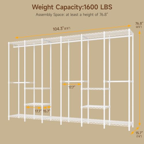 ONBRILL F6 Free Standing Industrial Pipe Clothes Rack, Large Heavy Duty Metal Garment Rack, Closet Organizer Storage System with Adjustable Shelves & Hanging Rods, Portable Wardrobe - White - color: White