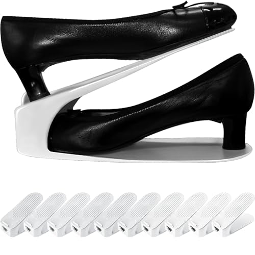 One-Piece Shoe Slot Organizer 10 Pack, Space-Saving Stackers for Closet, Entryway & Shoe Rack | No Assembly Needed - color: White